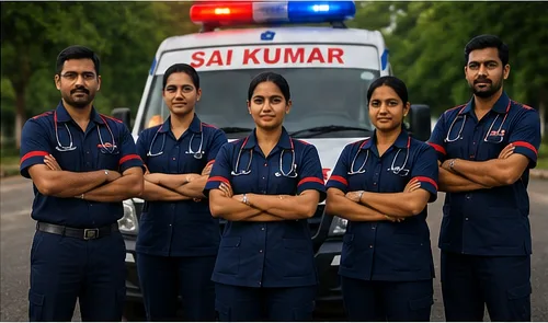 Sai Kumar Ambulance Service team in front of an ambulance