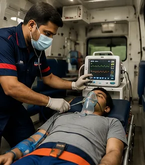 Paramedic providing patient care inside an ambulance